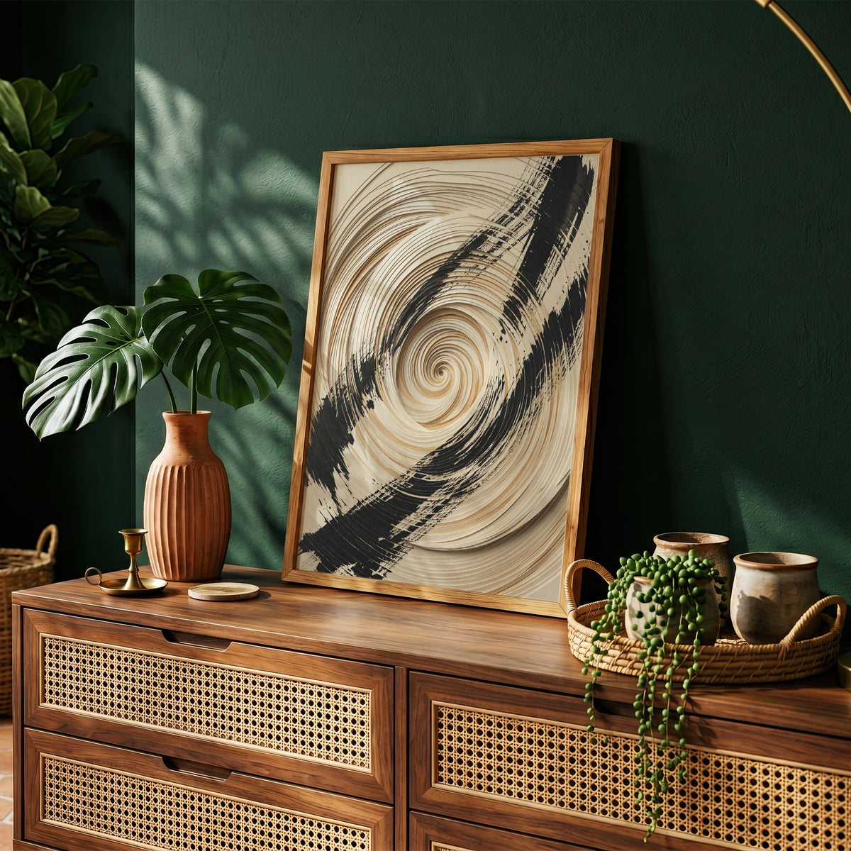 3D Paper Spiral & Sumi-e Brush Print - Zen Minimalist