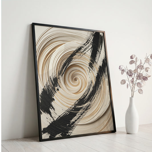 3D Paper Spiral & Sumi-e Brush Print - Zen Minimalist