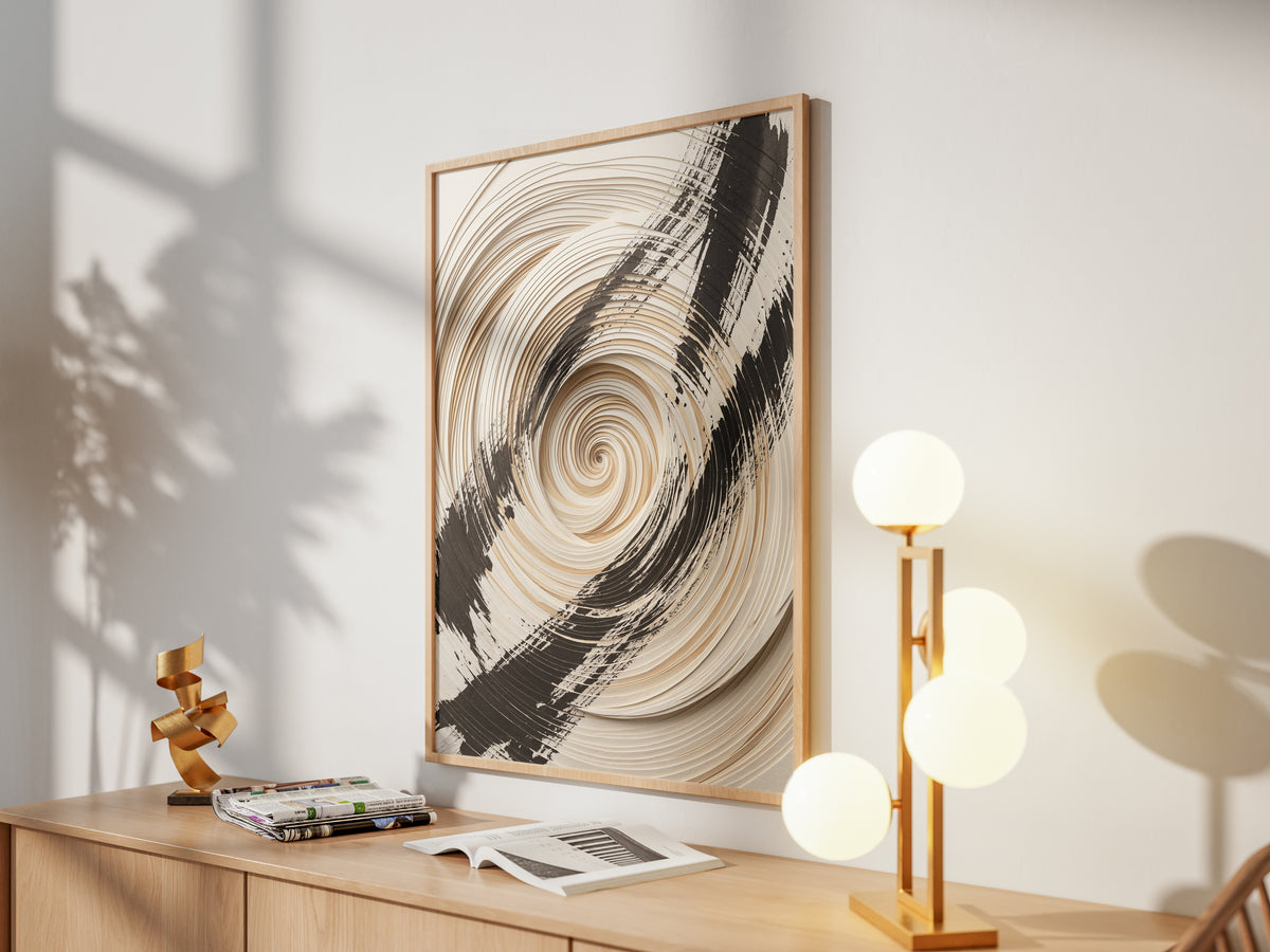 3D Paper Spiral & Sumi-e Brush Print - Zen Minimalist