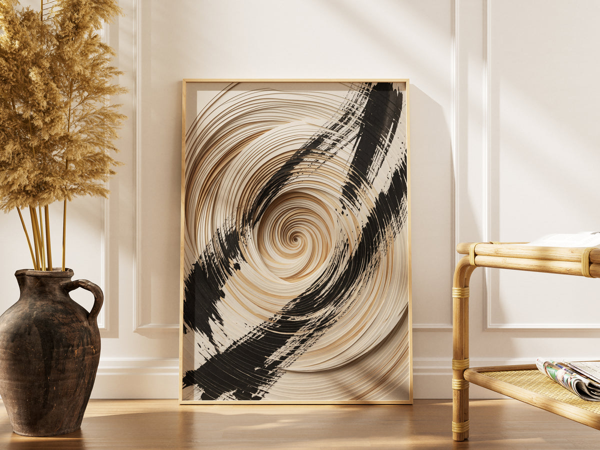 3D Paper Spiral & Sumi-e Brush Print - Zen Minimalist