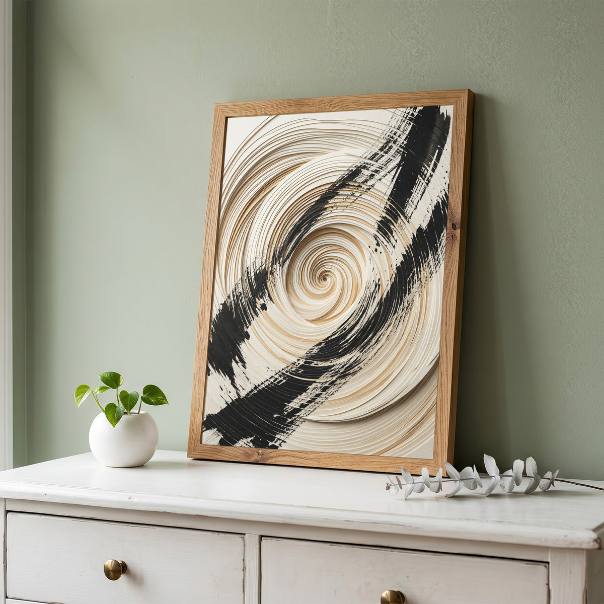 3D Paper Spiral & Sumi-e Brush Print - Zen Minimalist
