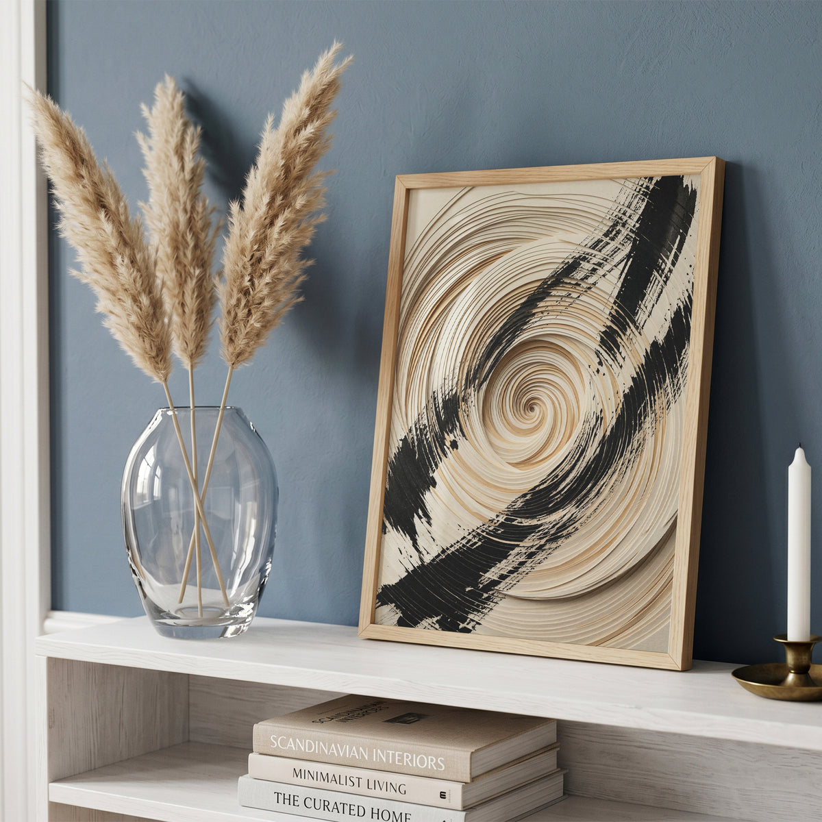 3D Paper Spiral & Sumi-e Brush Print - Zen Minimalist