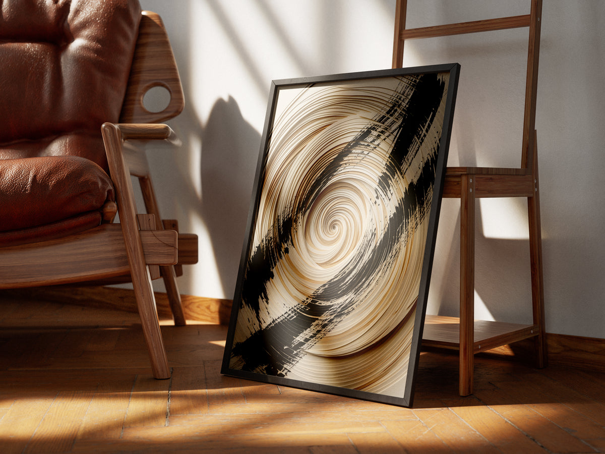3D Paper Spiral & Sumi-e Brush Print - Zen Minimalist