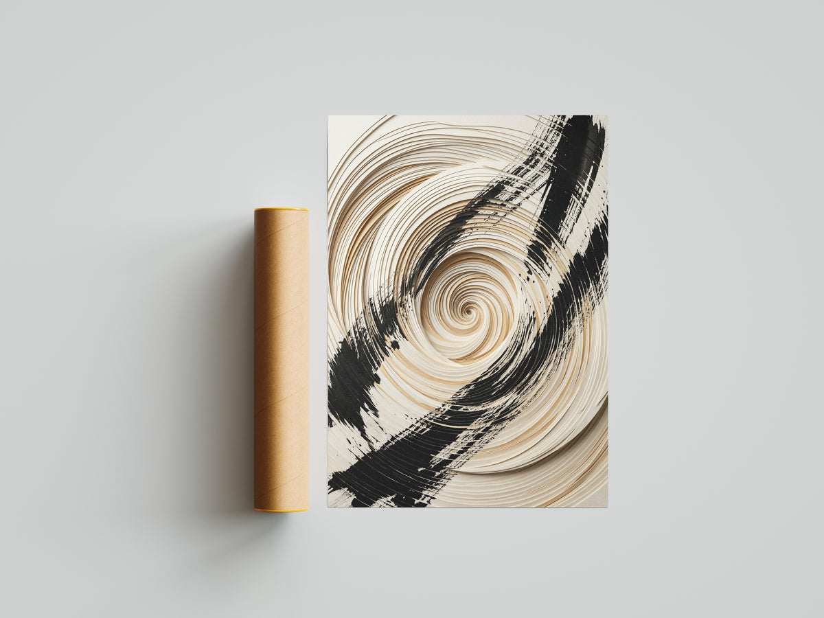3D Paper Spiral & Sumi-e Brush Print - Zen Minimalist