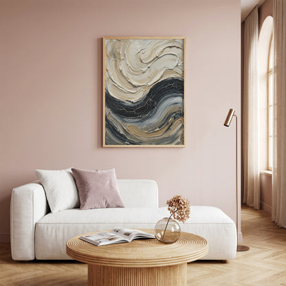 Sculpted Impasto Wave Art Print - Black & Cream Wabi-Sabi