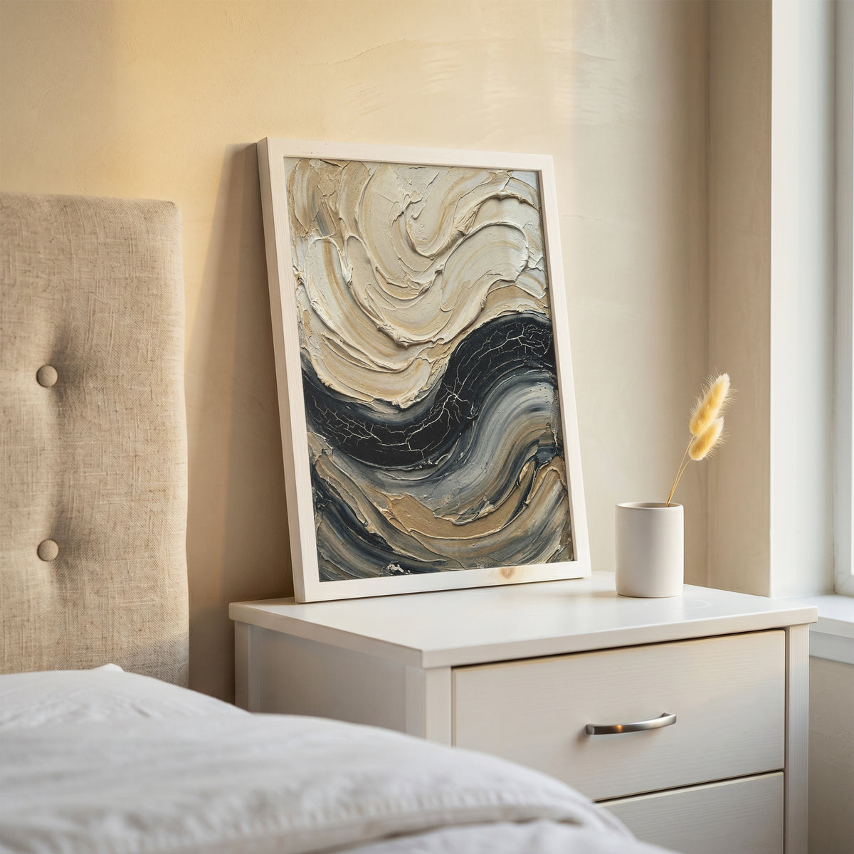 Sculpted Impasto Wave Art Print - Black & Cream Wabi-Sabi