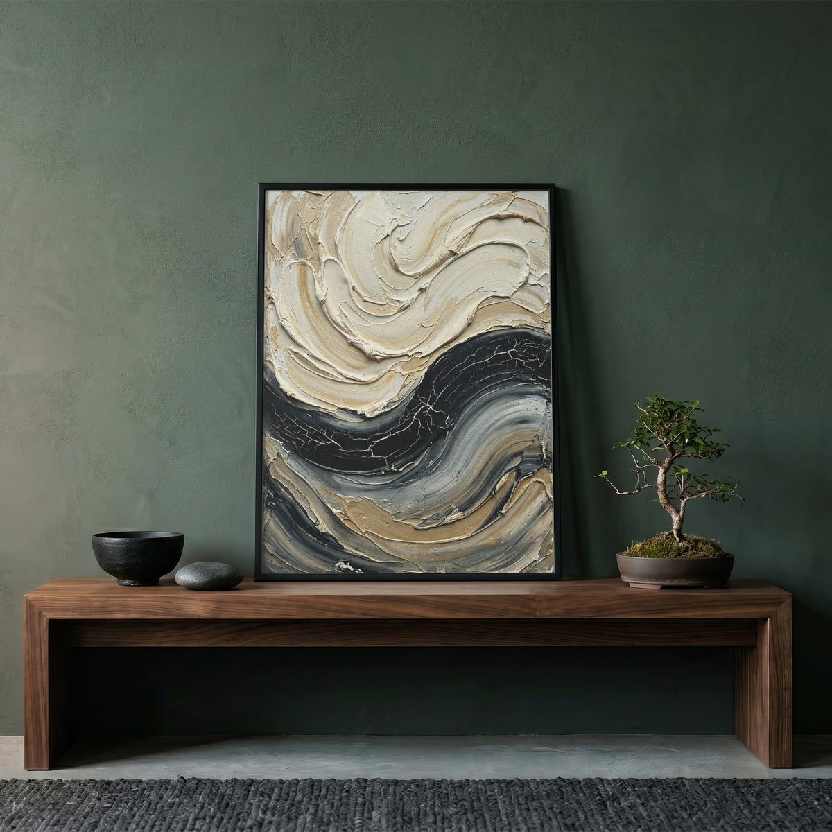 Sculpted Impasto Wave Art Print - Black & Cream Wabi-Sabi