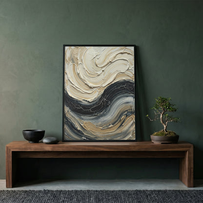 Sculpted Impasto Wave Art Print - Black & Cream Wabi-Sabi