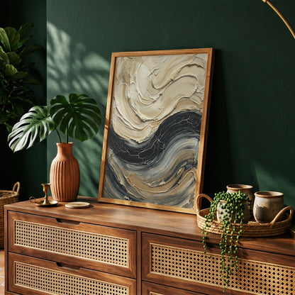 Sculpted Impasto Wave Art Print - Black & Cream Wabi-Sabi