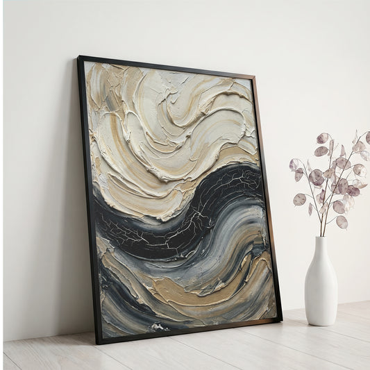 Sculpted Impasto Wave Art Print - Black & Cream Wabi-Sabi