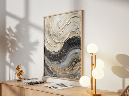 Sculpted Impasto Wave Art Print - Black & Cream Wabi-Sabi