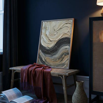 Sculpted Impasto Wave Art Print - Black & Cream Wabi-Sabi