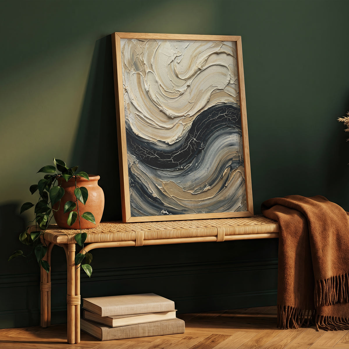 Sculpted Impasto Wave Art Print - Black & Cream Wabi-Sabi
