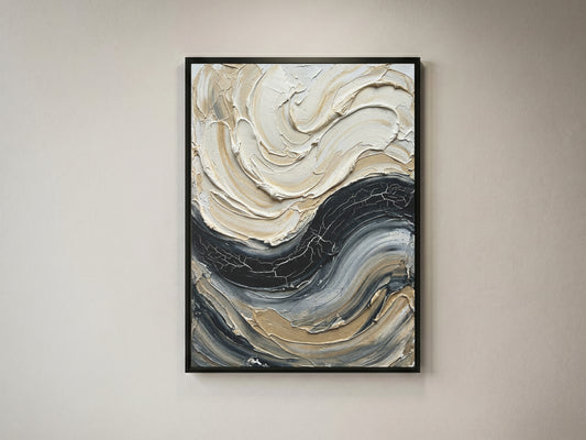 Sculpted Impasto Wave Art Print - Black & Cream Wabi-Sabi