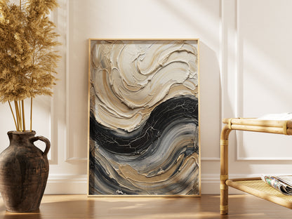 Sculpted Impasto Wave Art Print - Black & Cream Wabi-Sabi