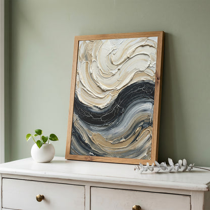 Sculpted Impasto Wave Art Print - Black & Cream Wabi-Sabi