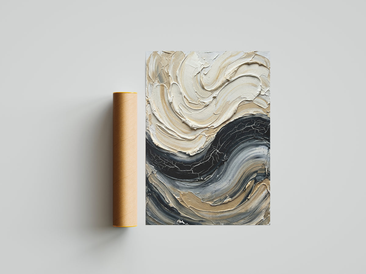 Sculpted Impasto Wave Art Print - Black & Cream Wabi-Sabi