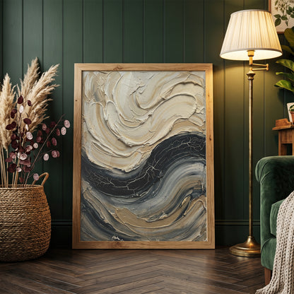 Sculpted Impasto Wave Art Print - Black & Cream Wabi-Sabi