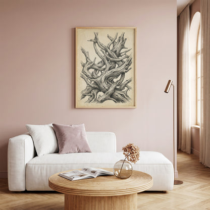 Gnarled Driftwood Ink Engraving Print - Dark Academia