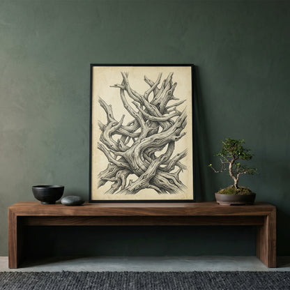 Gnarled Driftwood Ink Engraving Print - Dark Academia