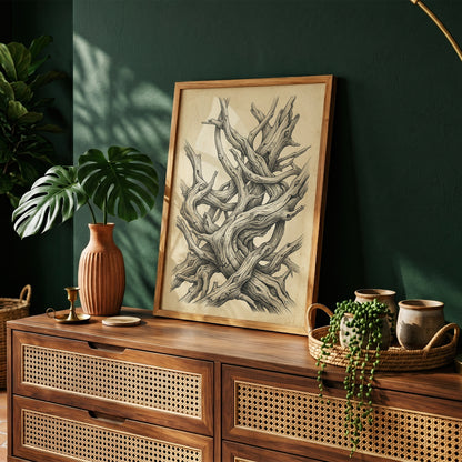 Gnarled Driftwood Ink Engraving Print - Dark Academia