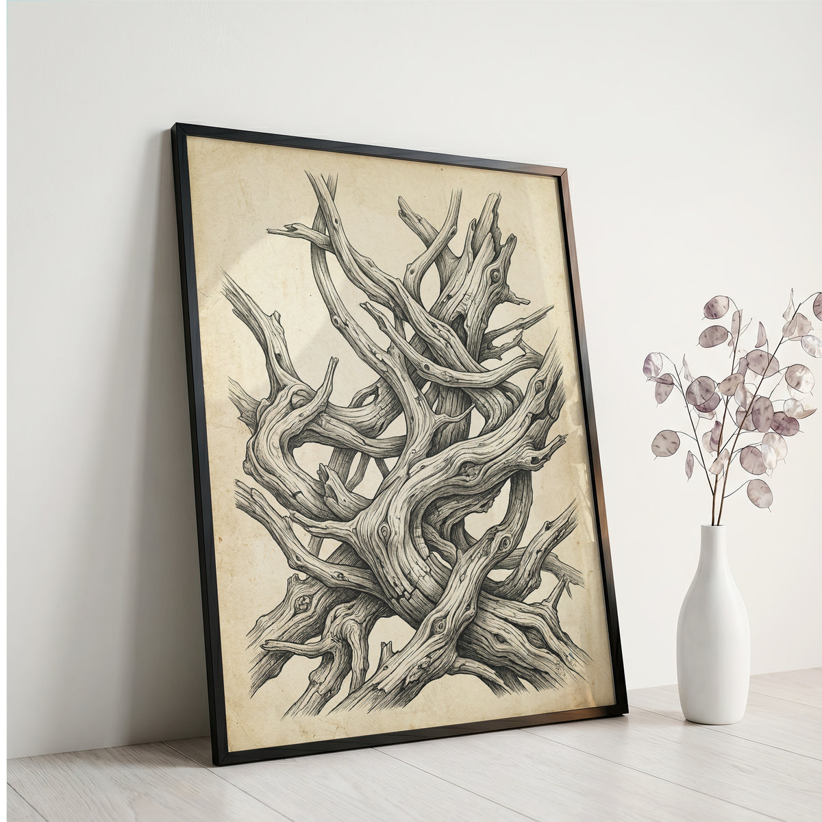 Gnarled Driftwood Ink Engraving Print - Dark Academia