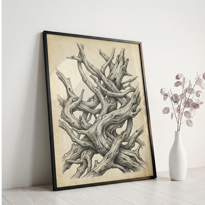 Gnarled Driftwood Ink Engraving Print - Dark Academia