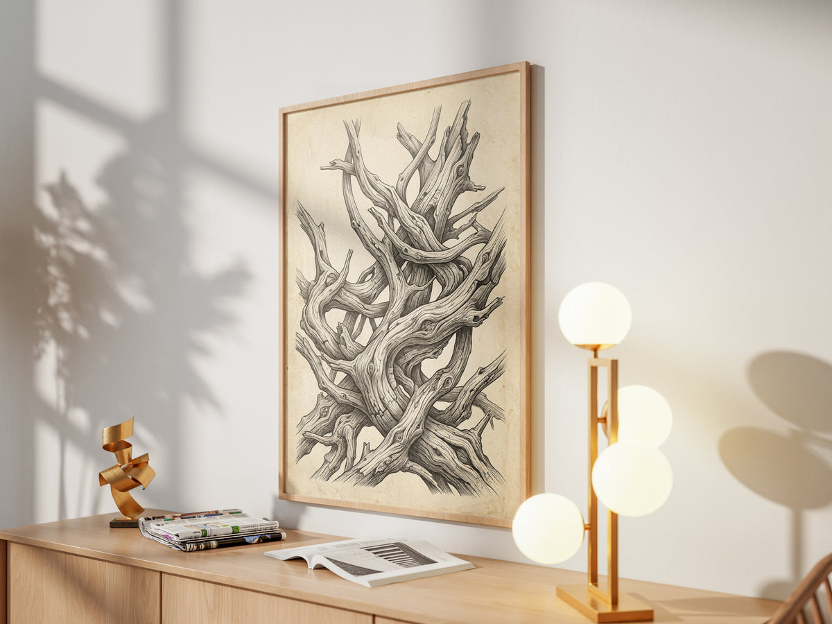 Gnarled Driftwood Ink Engraving Print - Dark Academia