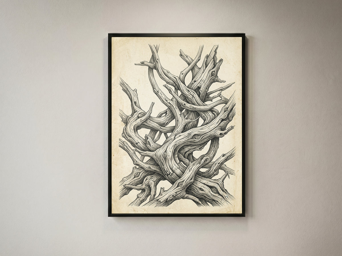 Gnarled Driftwood Ink Engraving Print - Dark Academia
