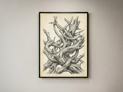 Gnarled Driftwood Ink Engraving Print - Dark Academia