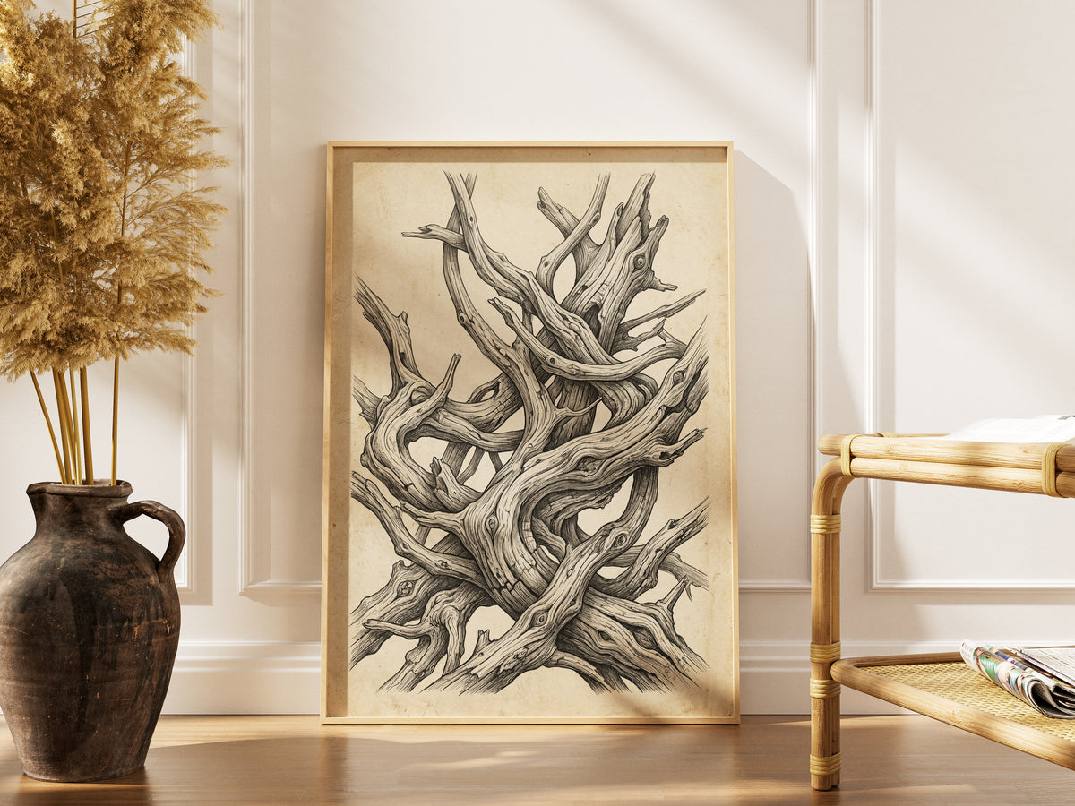 Gnarled Driftwood Ink Engraving Print - Dark Academia