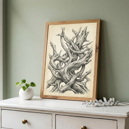 Gnarled Driftwood Ink Engraving Print - Dark Academia