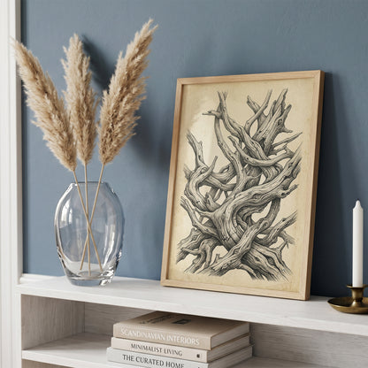 Gnarled Driftwood Ink Engraving Print - Dark Academia