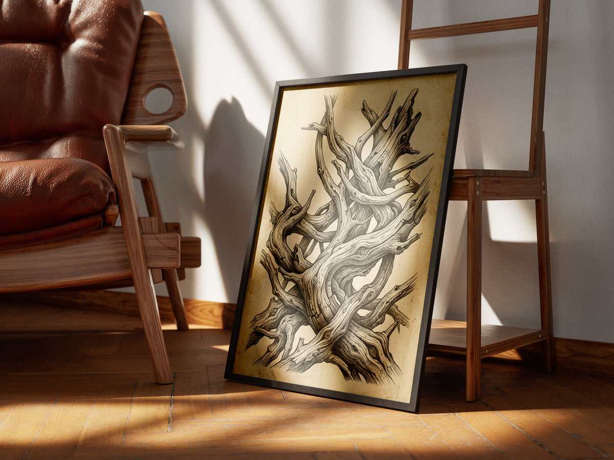 Gnarled Driftwood Ink Engraving Print - Dark Academia