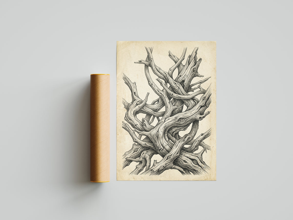Gnarled Driftwood Ink Engraving Print - Dark Academia