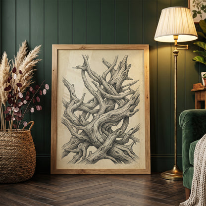 Gnarled Driftwood Ink Engraving Print - Dark Academia