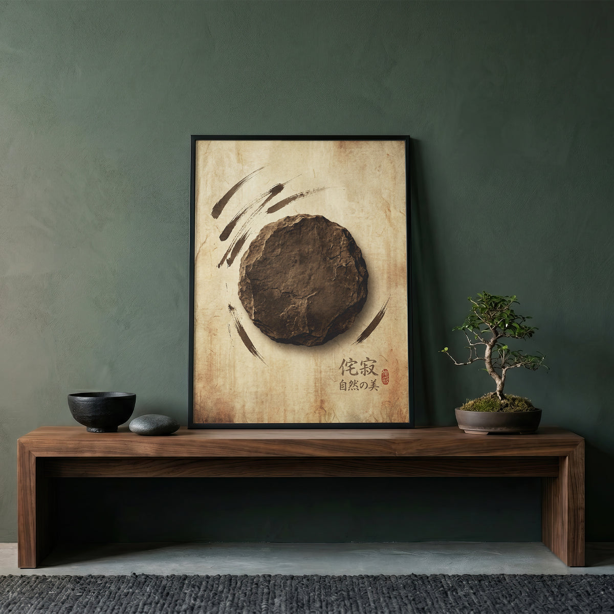 Japanese Wabi-Sabi Kanji Art Print - Zen Stone & Seal