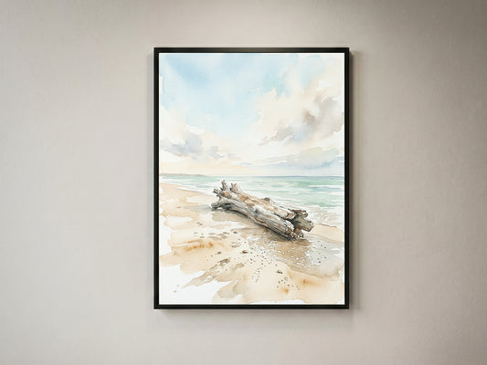 Weathered Beach Driftwood Watercolor Art Print, Coastal Shoreline Ocean Waves