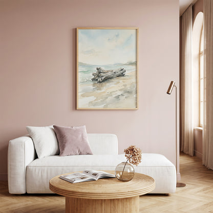 Coastal Driftwood Log on Sandy Shore Art Print