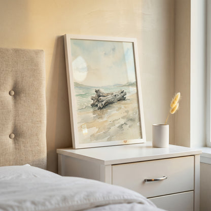 Coastal Driftwood Log on Sandy Shore Art Print