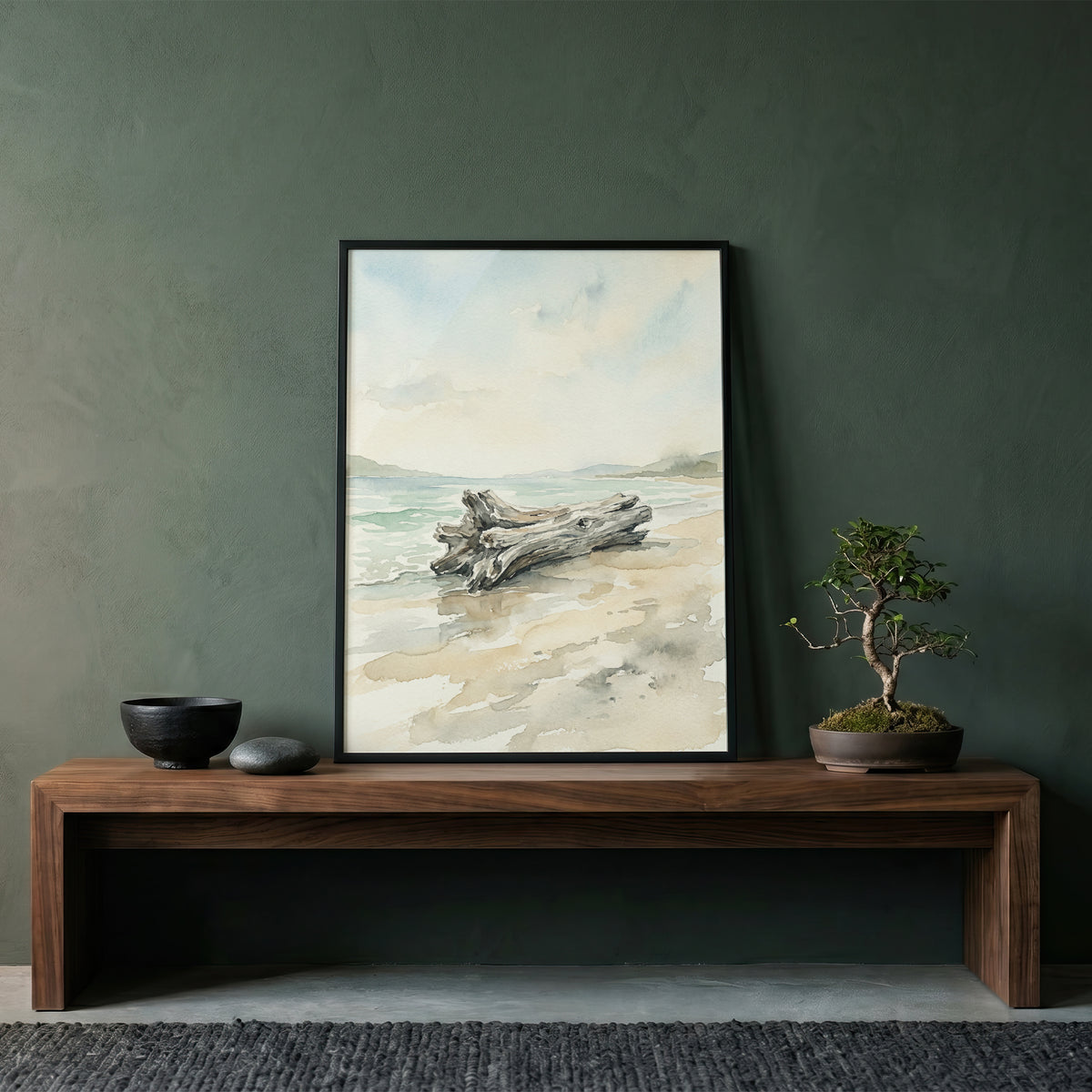 Coastal Driftwood Log on Sandy Shore Art Print
