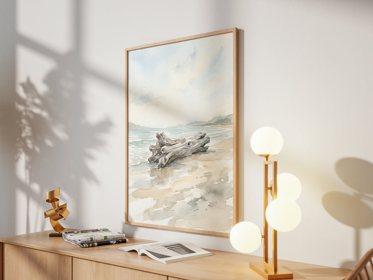 Coastal Driftwood Log on Sandy Shore Art Print