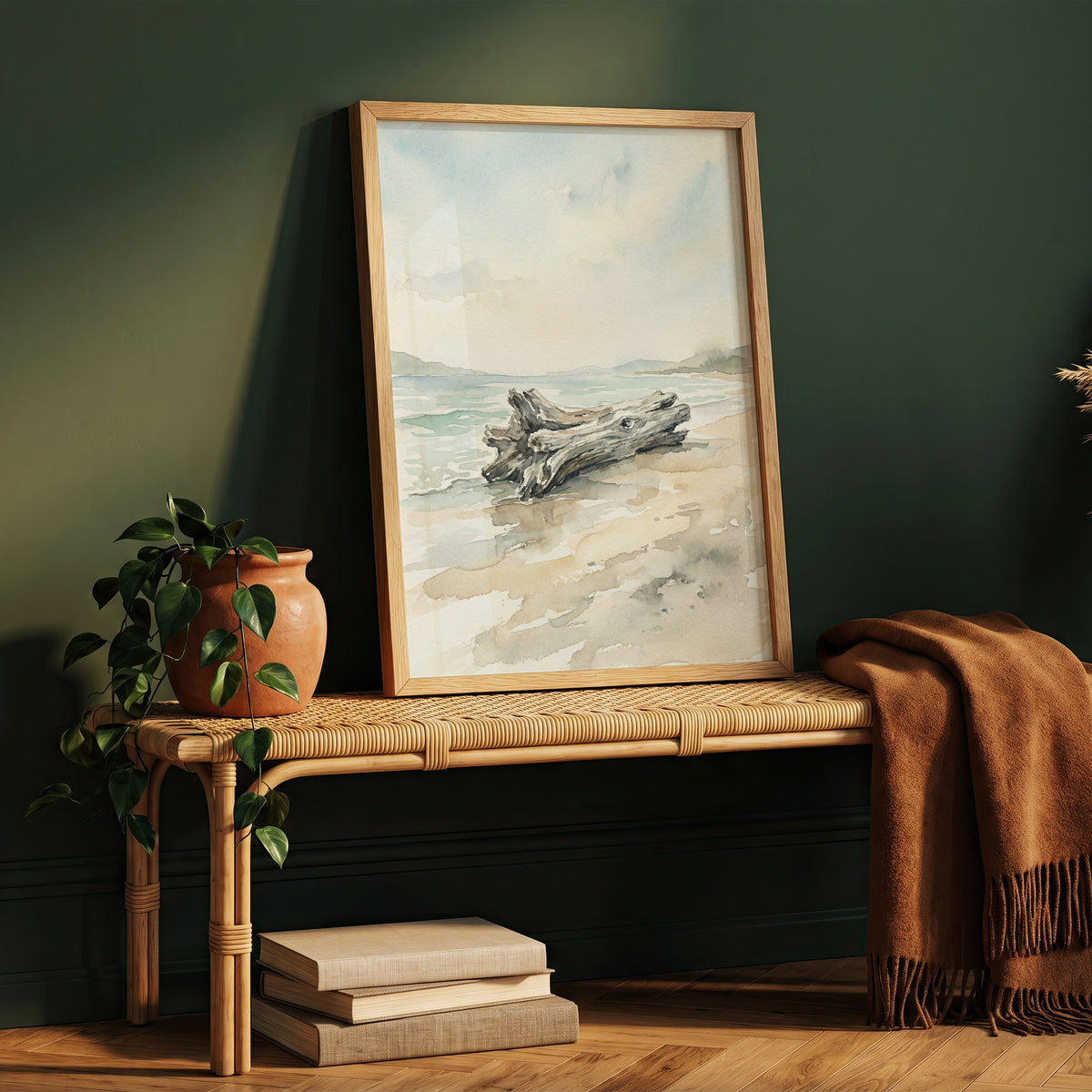 Coastal Driftwood Log on Sandy Shore Art Print