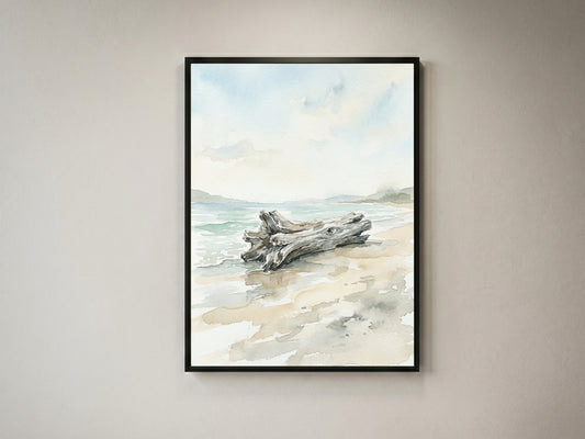 Coastal Driftwood Log on Sandy Shore Art Print
