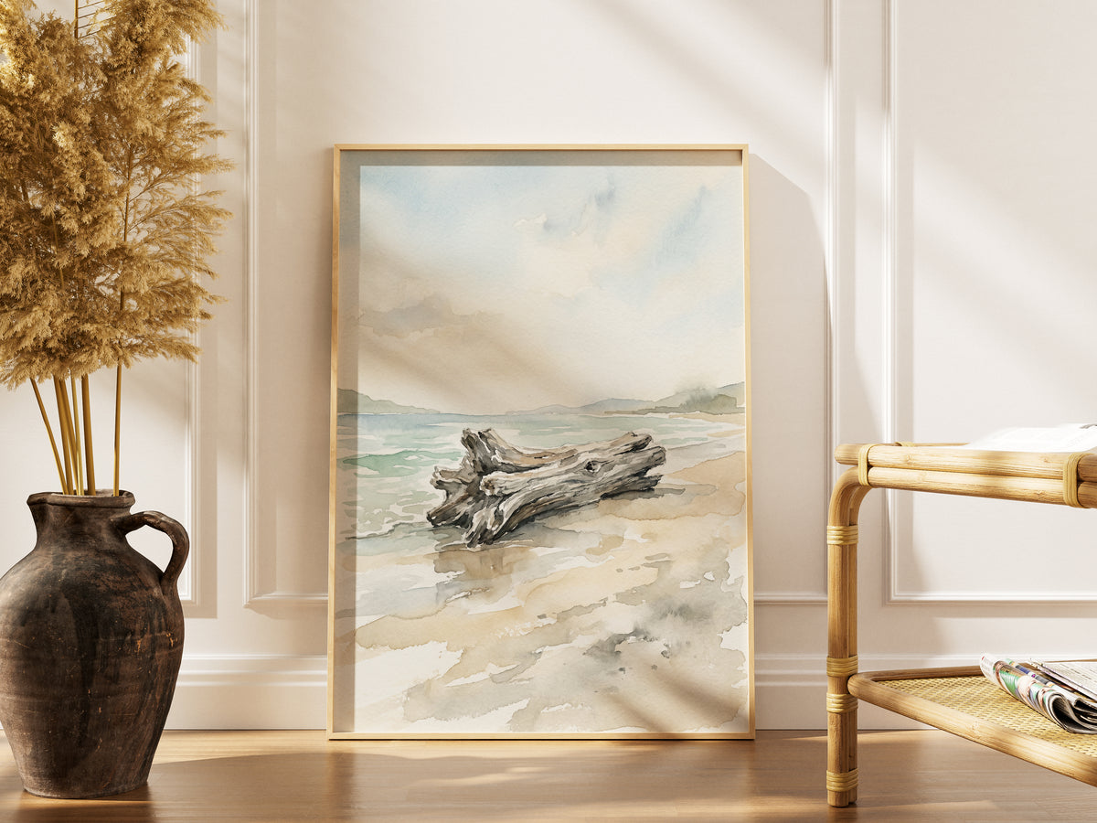 Coastal Driftwood Log on Sandy Shore Art Print
