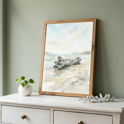 Coastal Driftwood Log on Sandy Shore Art Print