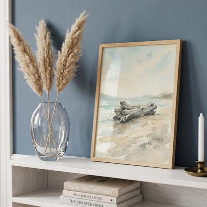 Coastal Driftwood Log on Sandy Shore Art Print