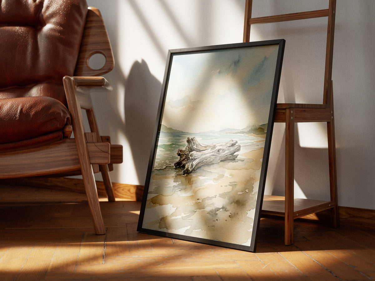 Coastal Driftwood Log on Sandy Shore Art Print