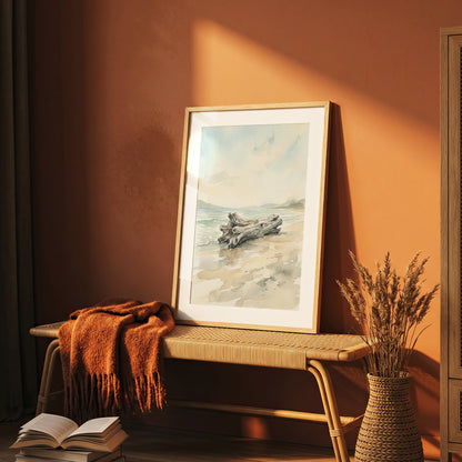 Coastal Driftwood Log on Sandy Shore Art Print
