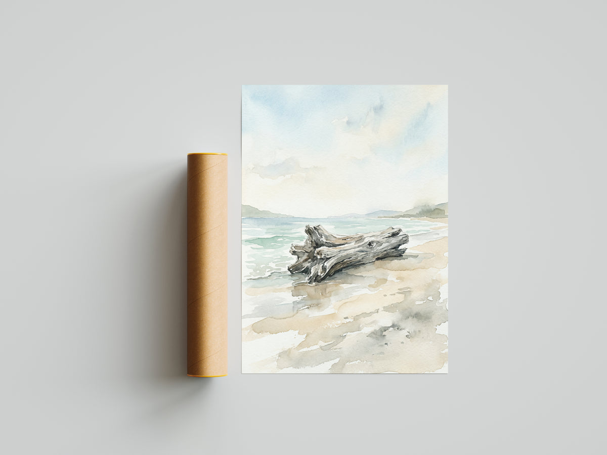 Coastal Driftwood Log on Sandy Shore Art Print